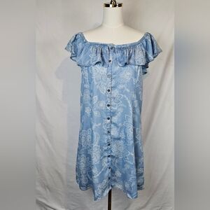 Mudd Button Down Floral Dress Blue Off Shoulder‎ Ruffle Sz XL Y2K Fairycore Boho